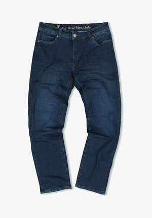 Jeans in denim blu scuro con taglio dritto, dotati di cinque tasche, cuciture a contrasto e chiusura con bottone in vita.