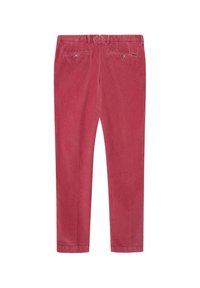 Pantalons en velours côtelé rouge avec une coupe droite, dotés de poches arrière et d'une texture lisse. Accents de boutons à la taille.
