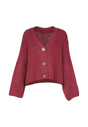 Häkelpulli in tiefem Burgunderrot mit V-Ausschnitt, drei dekorativen Knöpfen und weiten Ärmeln. Strukturierter Stoff für einen gemütlichen Look.