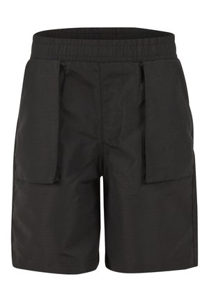 Čierne šortky z textúrovanej látky s elastickým pásom a dvoma veľkými vreckami vpredu pre praktické využitie.