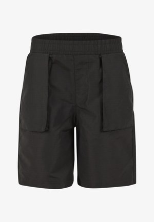 Sorte shorts lavet af struktureret stof med elastisk talje og to store lommer foran til funktionalitet.