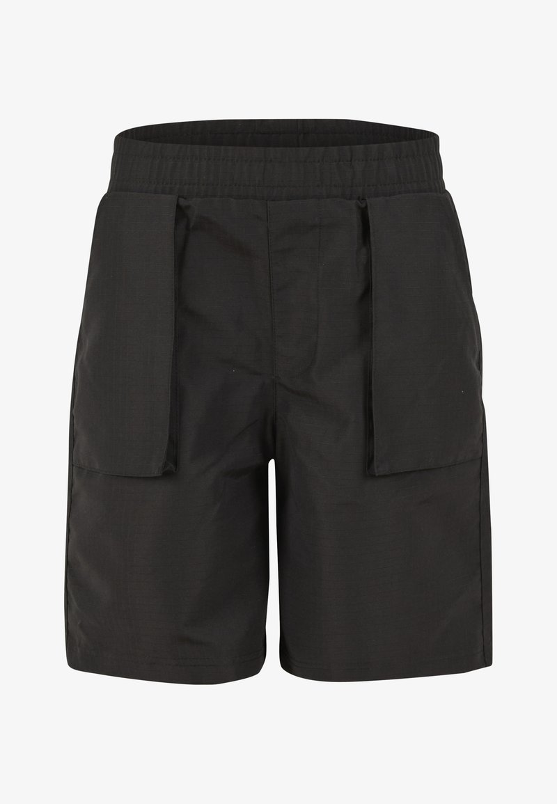 Shorts noirs en tissu texturé, avec une taille élastique et deux grandes poches frontales pour plus de praticité.