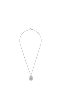 Silver chain necklace with a textured rectangular pendant featuring an engraved rose design and a spring ring clasp.