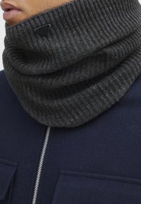 Hallhalli hallhalli kaelatöötaja, mis on valmistatud pehmest materjalist, halli soonilise kudumisega, millel on väike must brändi silt, täiendab tumesinine lukuga jakk.