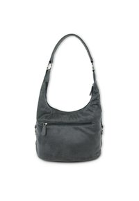Graue Leder-Hobo-Tasche mit einer geschwungenen Form, einem oberen Griff und einer frontalen Reißverschlusstasche. Glatte Textur mit dezentem Glanz und Metallbeschlägen.