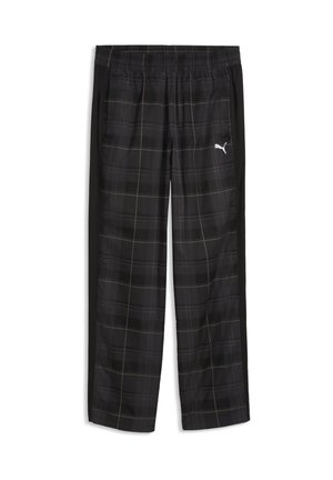 Pantalon noir Puma avec un motif discret à carreaux, taille élastique et logo Puma blanc sur la partie supérieure de la cuisse gauche.