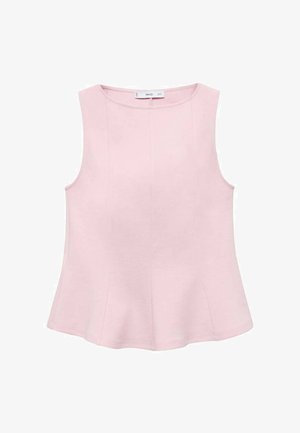 Top senza maniche di un delicato rosa chiaro con una texture liscia, scollatura rotonda e dettagli di impuntura. L'orlo svasato conferisce forma al design.