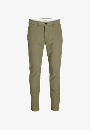 Olijfgroene taps toelopende broek van gladde stof met knoopsluiting, slanke pasvorm en standaardzakken, met minimale stikdetails.