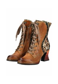 Brown leather lace-up ankle boots with leopard print accents and medium wooden block heels, featuring side zippers and decorative stitching.