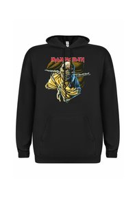 Schwarzer Hoodie mit einer Frontgrafik eines Charakters in Ketten, verfügt über detaillierte Kunstwerke und den Schriftzug "IRON MAIDEN" in roten Buchstaben.