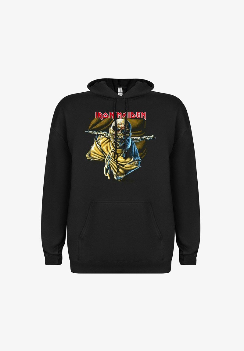 Schwarzer Hoodie mit einer Frontgrafik eines Charakters in Ketten, verfügt über detaillierte Kunstwerke und den Schriftzug "IRON MAIDEN" in roten Buchstaben.