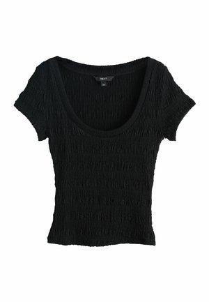 Top nero con maniche corte arricciate, scollo a scozia, silhouette aderente e tessuto strutturato del marchio Next.
