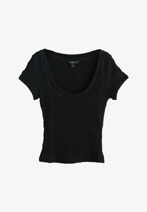 Juodas trumpomis rankovėmis tolintas smock stiliaus viršus su apvalia iškirpte, prigludusiu siluetu ir tekstūruota medžiaga, prekės ženklo Next.