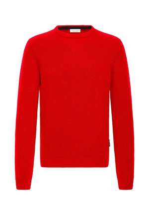 Roter Strickpullover mit langen Ärmeln, Rundhalsausschnitt sowie gerippten Bündchen und Saum. Glatte Textur ohne sichtbare Muster oder Verzierungen.