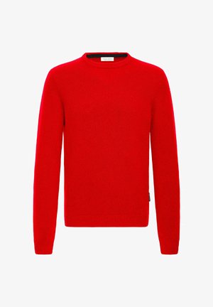 Rode gebreide trui met lange mouwen, ronde hals en geribbelde manchetten en zoom. Gladde textuur zonder zichtbare patronen of hardware.