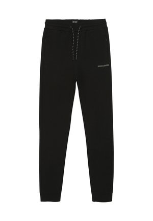 Schwarze Jogginghosen aus einem Baumwollmix. Sie verfügen über einen elastischen Bund mit Kordelzug, Seitentaschen und gerippte Bündchen. Einfaches gesticktes Logo.