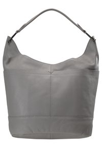 Harmaa nahkainen hobo-laukku, jossa on pehmeä, tekstuuri pinta, kaareva muoto ja yksi säädettävä olkahihna. Sisältää hienovaraisia ompelutietoja.