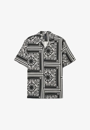 Black short-sleeve shirt with white ornate geometric patterns and a spread collar, laid flat on a white background.