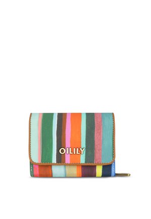 Multikleurige portemonnee met verticale strepen in diverse tinten, gemaakt van synthetisch materiaal. Inclusief een ritssluiting en een merklogo.
