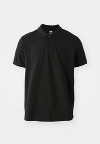 Black polo shirt made of cotton, featuring a classic collar, short sleeves, and a subtle, dark logo on the chest. Smooth texture.