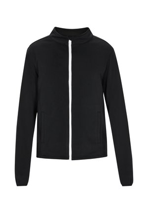 Fekete, cipzáras dzseki magas gallérral, két elülső zsebbel és fehér cipzár részletezéssel. Simább anyagból készült, egyszerű, minimalista dizájnnal.