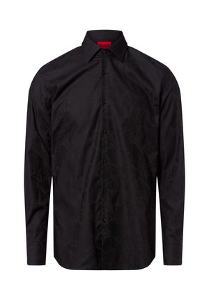 Zwart overhemd met een textuurafwerking, lange mouwen, puntige kraag en sluiting met knopen aan de voorkant. Bevat subtiele patroon details.