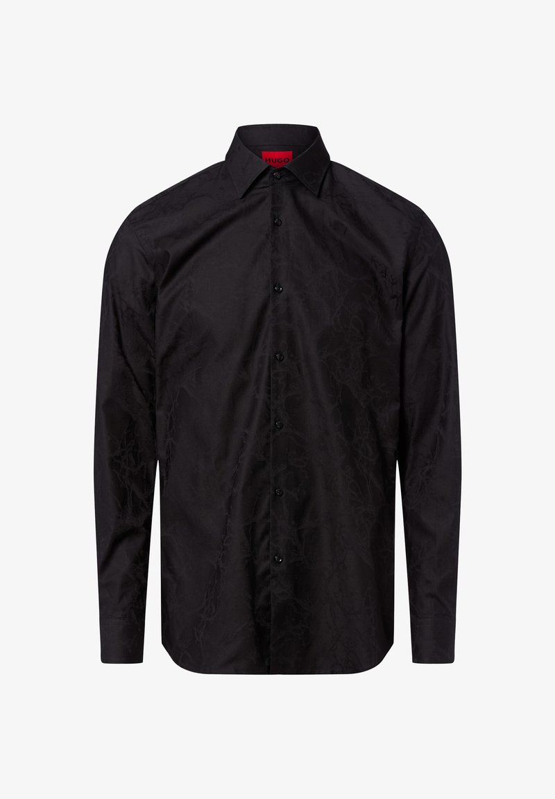 Zwart overhemd met een textuurafwerking, lange mouwen, puntige kraag en sluiting met knopen aan de voorkant. Bevat subtiele patroon details.