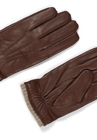 Brune skinnhansker med teksturert overflate, med en strikket mansjett og subtile sømdetaljer langs baksiden.