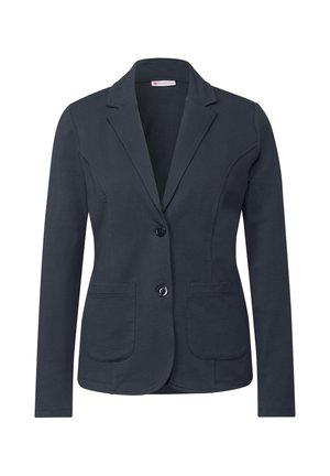 Blazer bleu marine en tissu texturé, avec un col à revers, deux poches avant et deux boutons pour la fermeture.