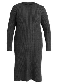 Dark gray ribbed knit dress with long sleeves, round neck, and a straight silhouette, extending to mid-calf length.