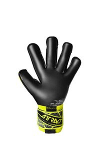 Zwarte keepershandschoen met een getextureerde handpalm, gele accenten op de polssteun en een gemusterde strap voor een veilige pasvorm.