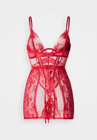 Κόκκινο δαντελένιο και δίχτυ εσώρουχο με ρυθμιζόμενους ιμάντες, ανθικά σχέδια, διαφανή υφή και κορδέλες στο ύψος της μέσης και στην πλάτη.