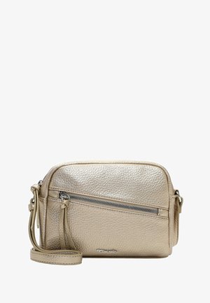 Kleine metalen gouden crossbodytas met gestructureerd leer, diagonale voorzak met ritssluiting en verstelbare riem.