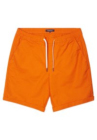 Costumi da bagno arancioni brillanti con vita elastica, chiusura con cordino e due tasche laterali. La trama del tessuto è liscia e leggera.