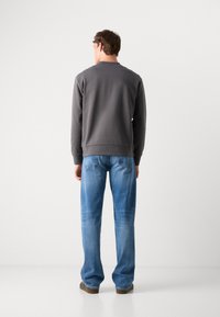 Gray sweatshirt with a round neckline, paired with light blue straight-leg jeans. The fabric appears smooth, with a relaxed fit.