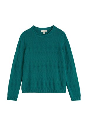 Pulover tricotat cu mâneci lungi, culoare albastru verzui, cu un model geometric texturat subtil și guler, manșete și tiv cu dungi, așezat plat pe un fundal alb.