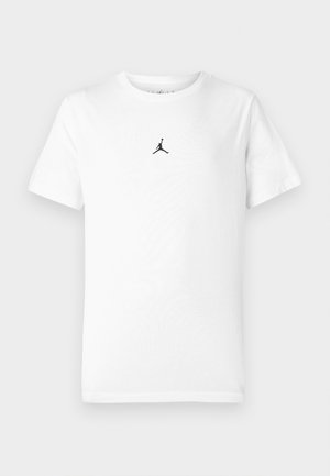 White cotton t-shirt with short sleeves and a round neckline. Features a small black Jumpman logo at the center of the chest.