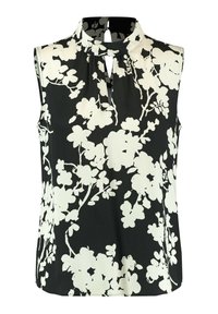 Bezramenná blůza z černé látky s bílým květinovým vzorem. Vybavena stojatým límcem a detailem ve tvaru klíčové dírky na krku. Hladká textura.