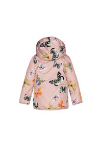 Barnestørrelse lyserød polstret jakke med hætte, dekoreret med flerfarvede sommerfuglemotiver, vist fra ryggen på en hvid baggrund.