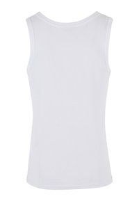 Débardeur blanc côtelé sans manches avec un col rond, vu de dos.