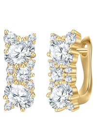 Zelta nokrās auskari ar vairākiem caurspīdīgiem apaļiem un ovāliem dārgakmeņiem, sakārtoti kopā ar mazām pērlītēm un drošu aizdari.