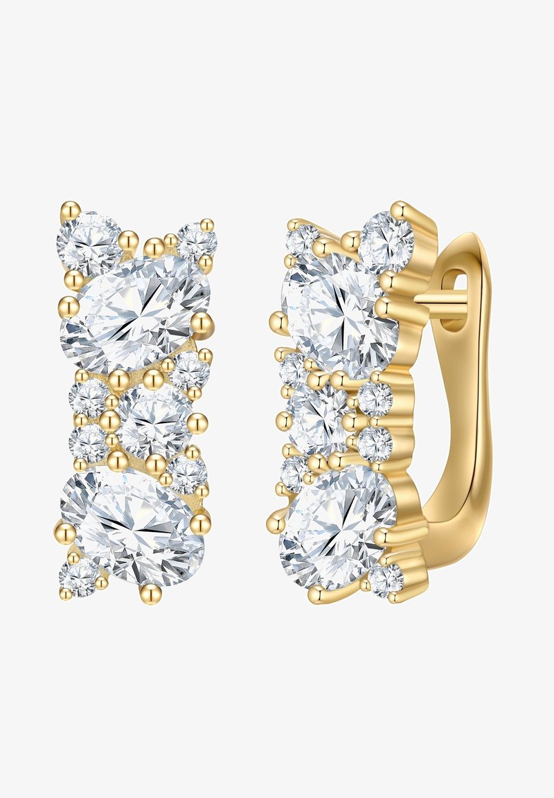 Zelta nokrās auskari ar vairākiem caurspīdīgiem apaļiem un ovāliem dārgakmeņiem, sakārtoti kopā ar mazām pērlītēm un drošu aizdari.