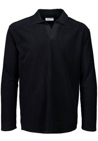 Svart långärmad polo t-shirt med en texturerad ribbad design, med klassisk krage och V-hals. Mjuk tyg med en avslappnad passform.