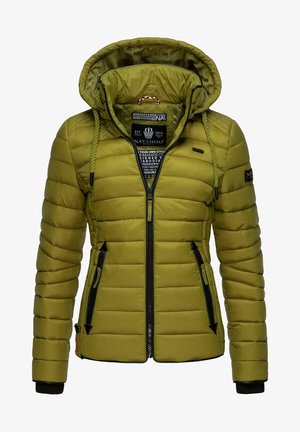 Olive green quilted jacket with a hood, featuring a front zipper, two side pockets with black zippers, and ribbed cuffs.