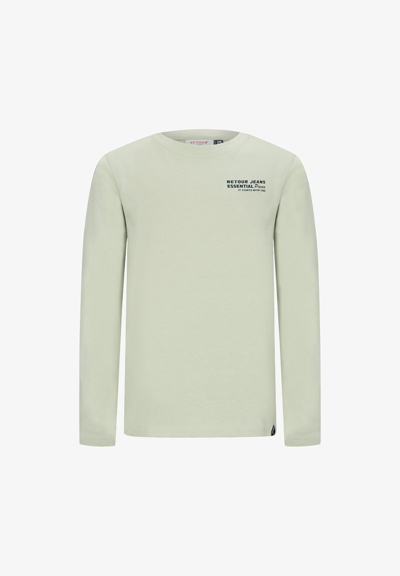 Jasnozielona, długosleeve t-shirt wykonany z miękkiego materiału. Ma okrągły dekolt i czarny nadruk na klatce piersiowej. Prosty design bez wzorów.
