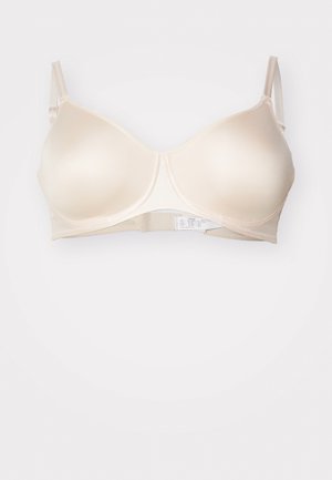Sutiã bege com aros, feito de um tecido liso e semelhante a cetim. Alças ajustáveis e uma faixa ampla para suporte. Design simples, sem adornos.