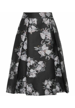 Gonna a vita alta a linea a campana nera con motivo floreale in tonalità d'argento e bianco. Presenta pieghe e una texture liscia, realizzata in materiale leggero.