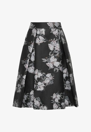 Gonna a vita alta a linea a campana nera con motivo floreale in tonalità d'argento e bianco. Presenta pieghe e una texture liscia, realizzata in materiale leggero.