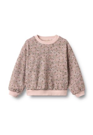 Felpa rosa e beige a maniche lunghe con piccolo motivo floreale, polsini, orlo e scollatura a girocollo a coste su sfondo bianco.