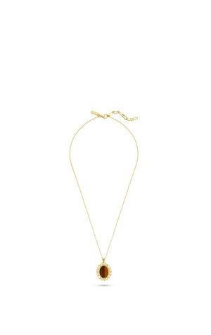 Fijne gouden ketting met een ovale tijgeroogsteen hanger in een sierlijk gouden frame en verstelbare sluiting.